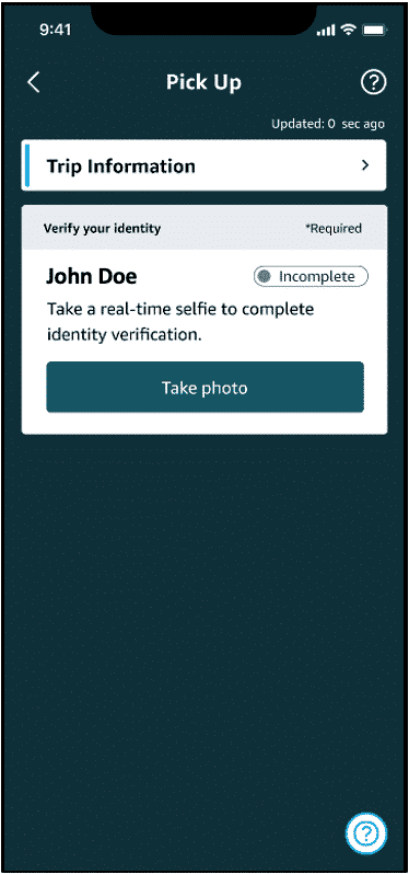 Relay screen prompting driver to take a selfie.
