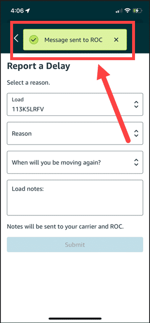 After pressing Submit, you should receive a notification in the Relay Mobile App letting you know that your message has been successfully sent to Relay Operations Center (ROC).