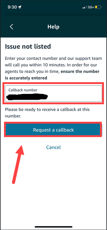 Arrow pointing to request a callback.