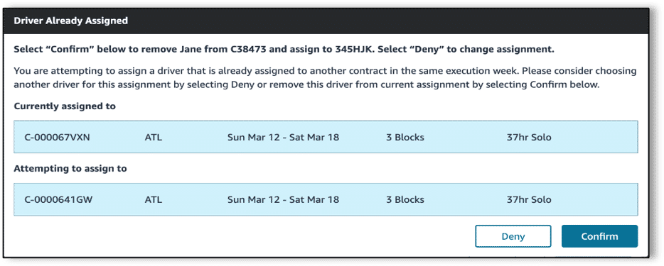 “Driver already assigned” conflict screenshot