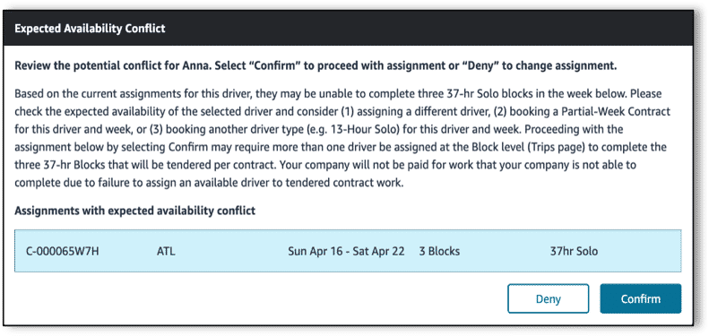 “Expected availability conflict” screenshot