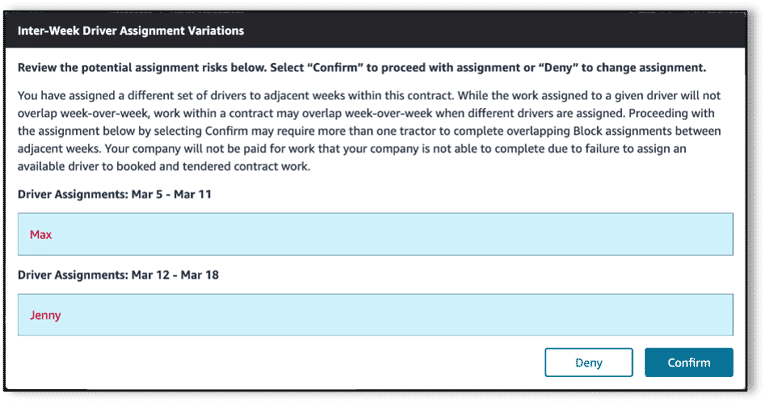 “Inter-Week Driver Assignment Variation” conflict screenshot