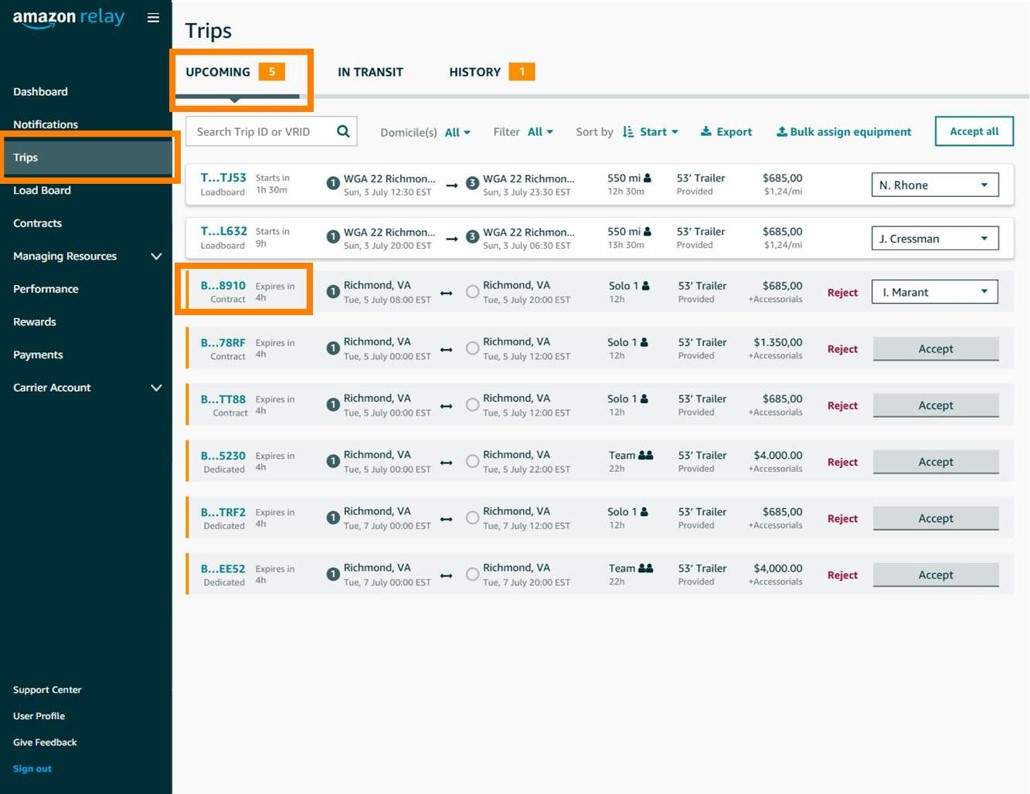 upcoming tab in trips