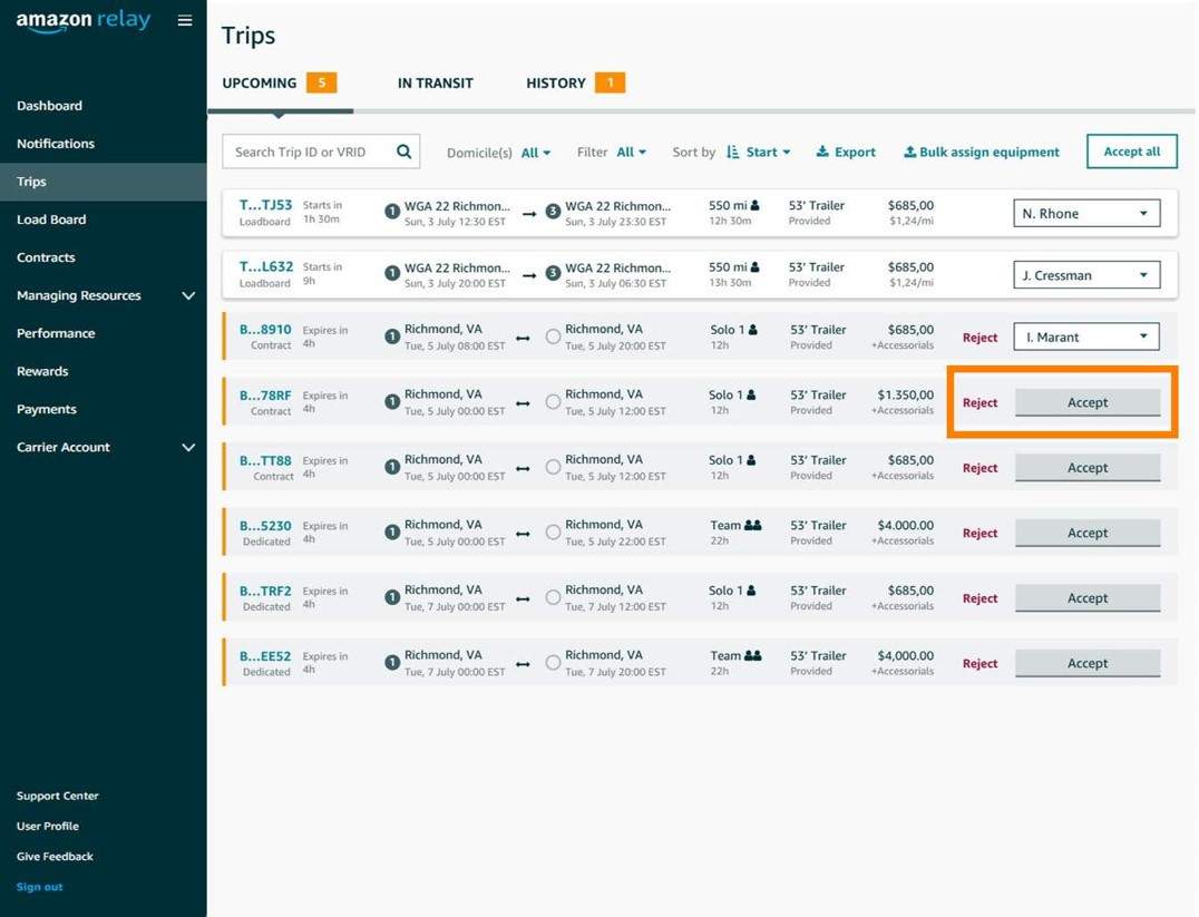 page with option to reject or accept contracts