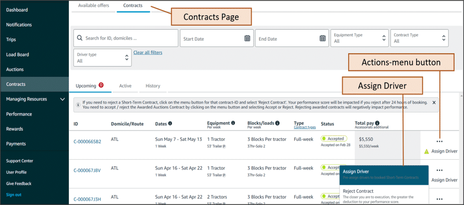 accessing driver assignment using the contracts tab