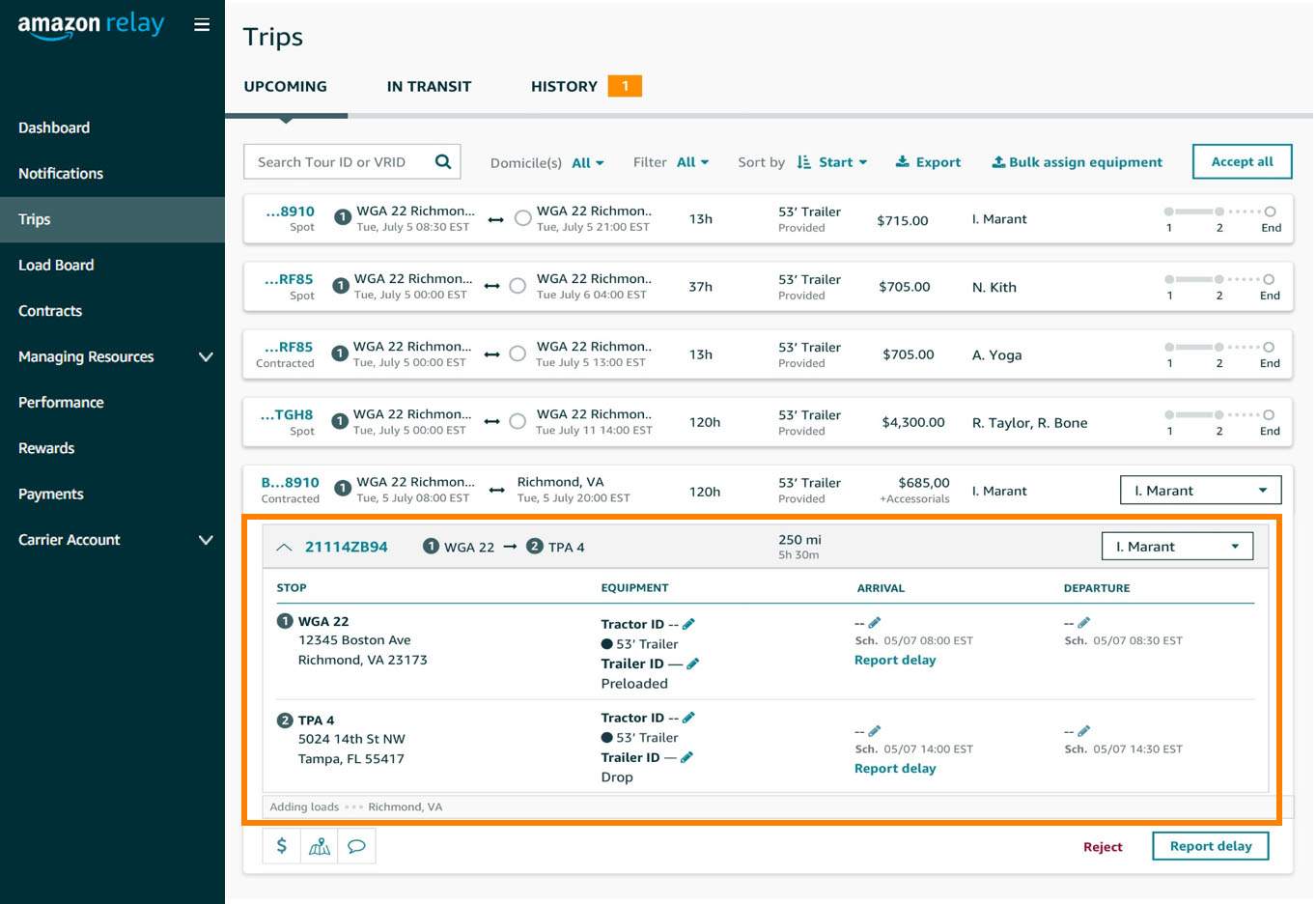 example of route details for a block on the Trips page