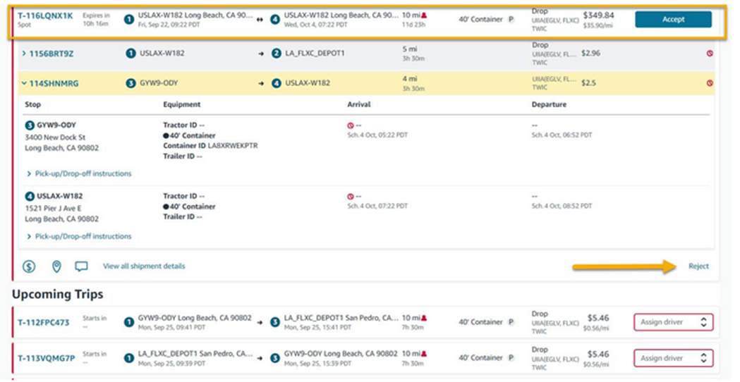 Trips page highlighting the impacted trip that needs to be rejected.
