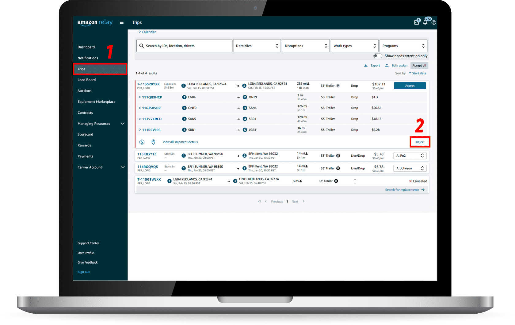 Trips page with a trip selected