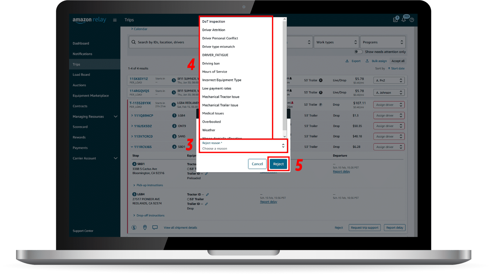 Rejecting a load on the trips page