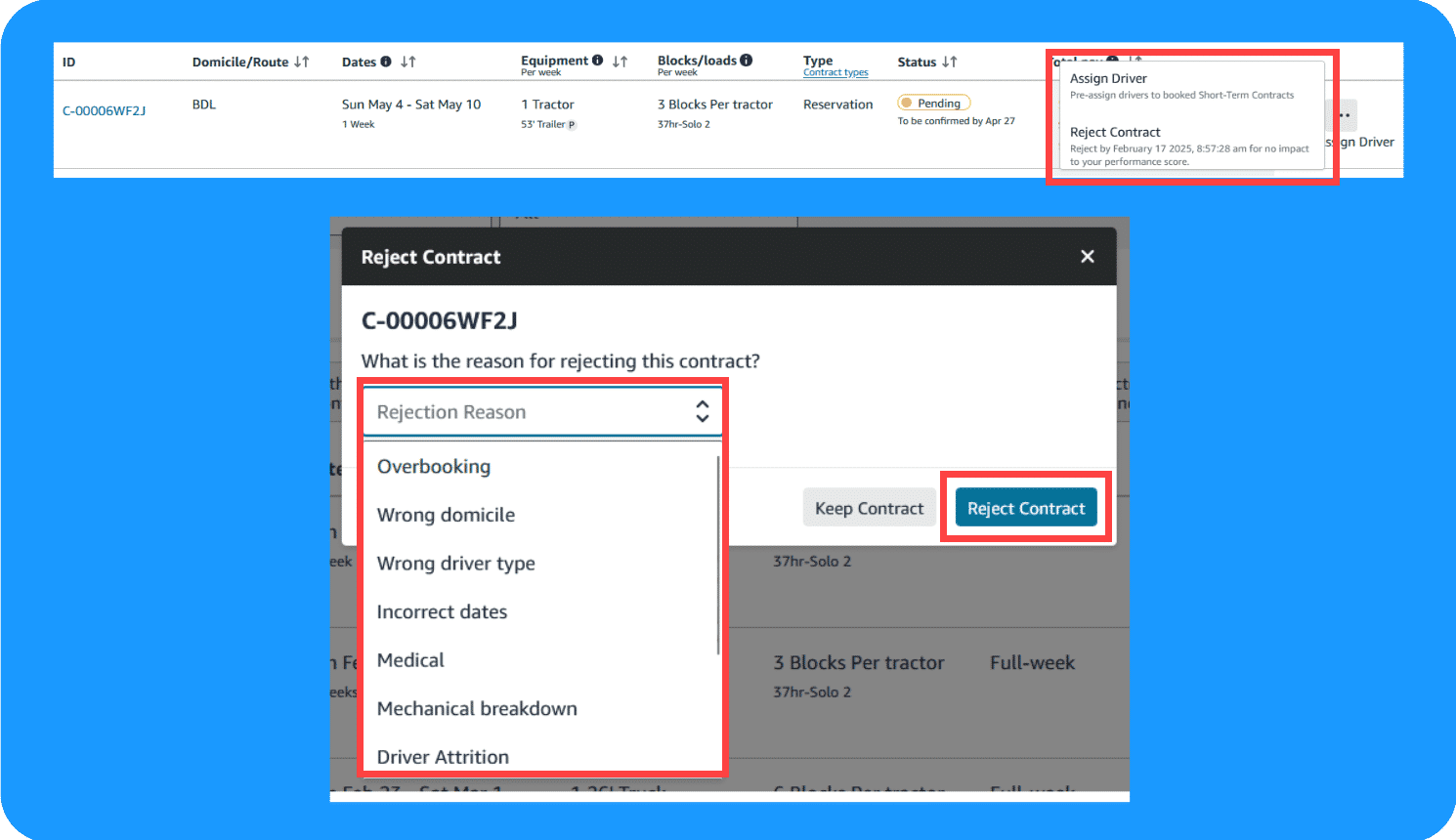 Contracts page with rejection pop-up